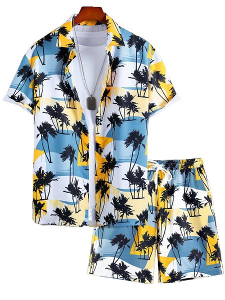 

men random palm tree print shirt & drawstring waist shorts without tee j5ey#, Gray