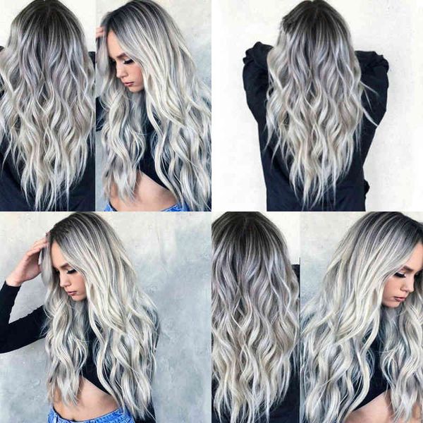 

sinuo full mechanism long body wave hair cosplay grey gradual change wig women's high temperature synthetic animation 220622, Black