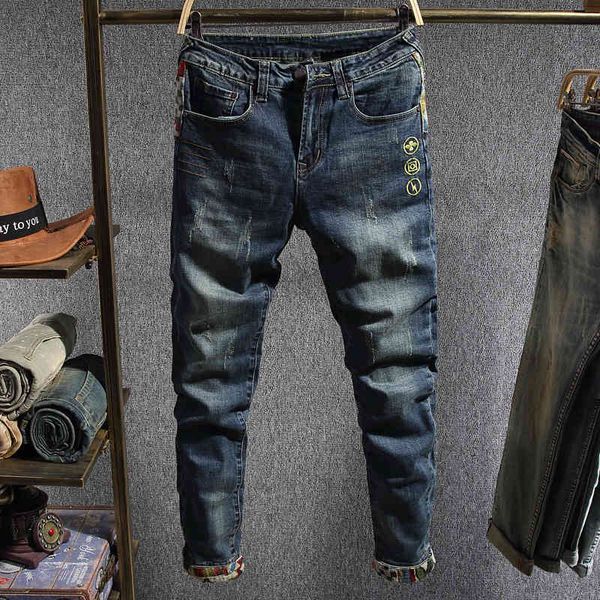 

men's jeans high end embroidered jeans men's elastic slim leggings korean style fashion youth stitching cropped pants brand si91, Blue