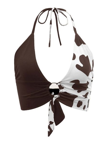

cow print o-ring ruched tie backless crop halter v59o#, White