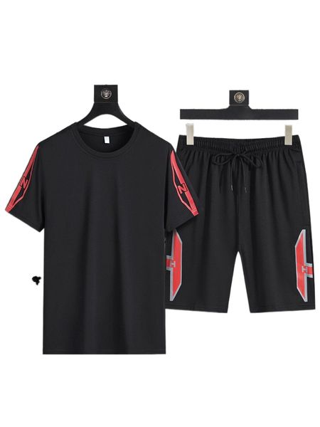 

men letter graphic tee & drawstring waist shorts o1t6#, Gray