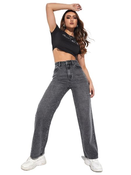 

solid straight leg jeans m2en#, Blue