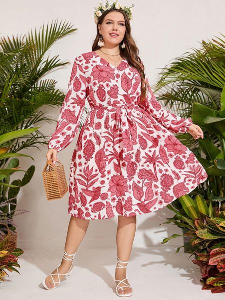 

plus floral print lantern sleeve belted dress u3ya#, Black