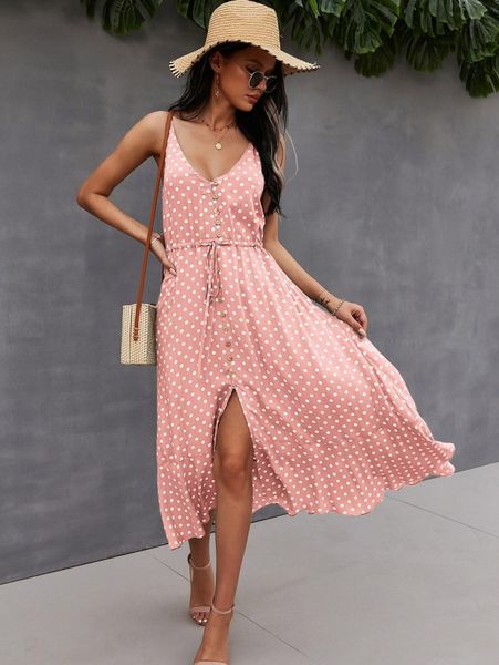 

button through drawstring waist polka dot cami dress t1q0#, Black;gray