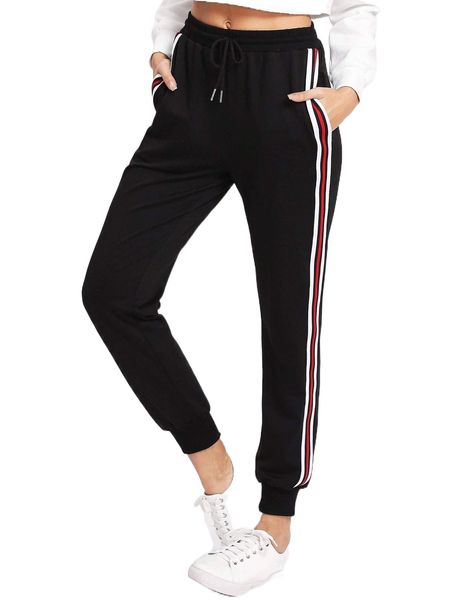 

striped tape side drawstring sweatpants o1cm#, Black;white