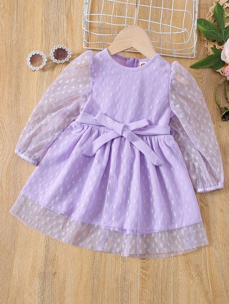 

toddler girls heart pattern puff sleeve mesh overlay belted dress she, Red;yellow