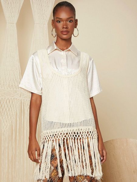 

pointelle knit fringe cover up without tee s9ap#, White;black