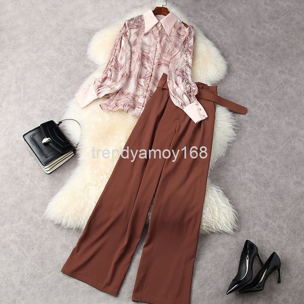 

women's two piece pants spring and summer women's printed lantern sleeve chiffon shirt + high waist loose wide leg pants two-piece, White