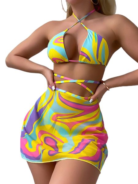

allover print halter triangle bikini swimsuit with beach skirt x6eu#, White;black
