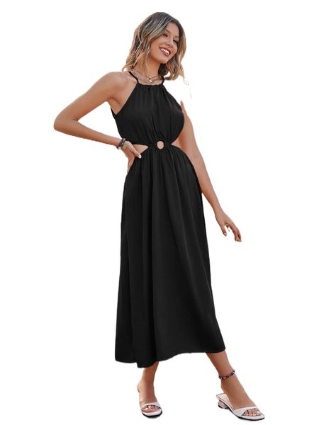 

o-ring front tie back halter dress 25ws#, Black;gray