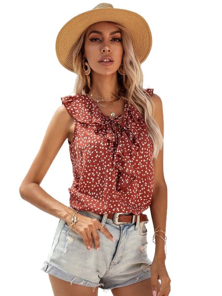 

ditsy floral ruffle trim blouse j1b6#, White