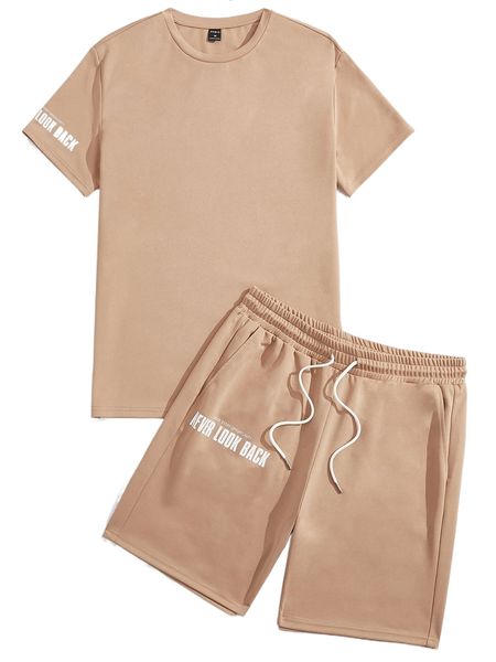 

men slogan graphic tee & drawstring waist shorts c1j8#, Gray