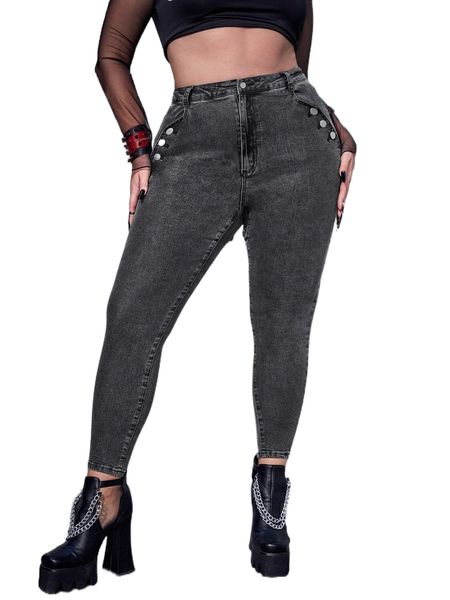 

plus high waist button detail skinny jeans 01qe#, Blue