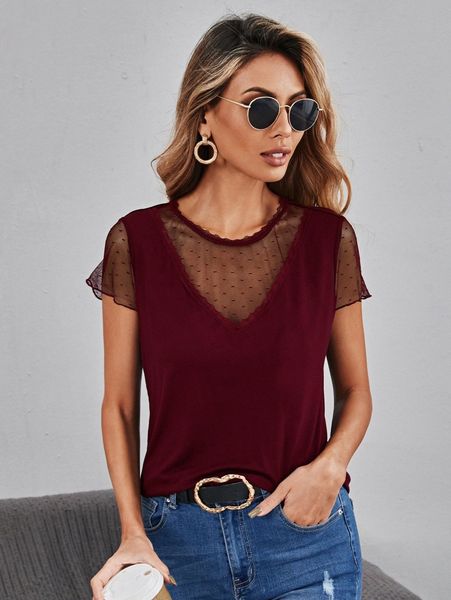 

solid contrast mesh lace trim tee p9o2#, White