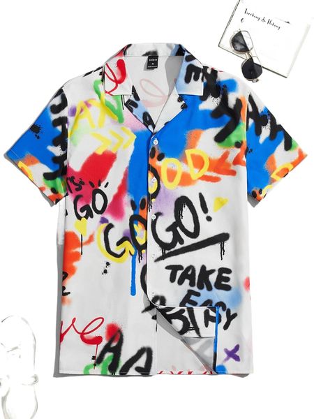 

men letter graphic lapel neck shirt h3ln#, White;black