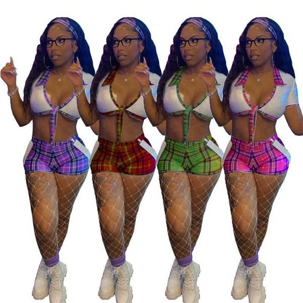 Frauen Bandage Top Sexy Straße Club Plaid Gedruckt Shorts Zwei Stück Set Mode Frauen Casual Club Party Anzug