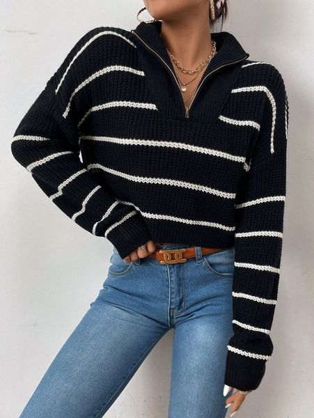 

zipper half placket striped sweater f265#, White;black