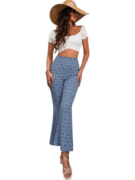

damask print flare leg pants v7nn#, Black;white
