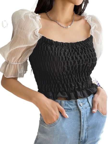 

dazy contrast mesh puff sleeve shirred peplum blouse y8g4#, White