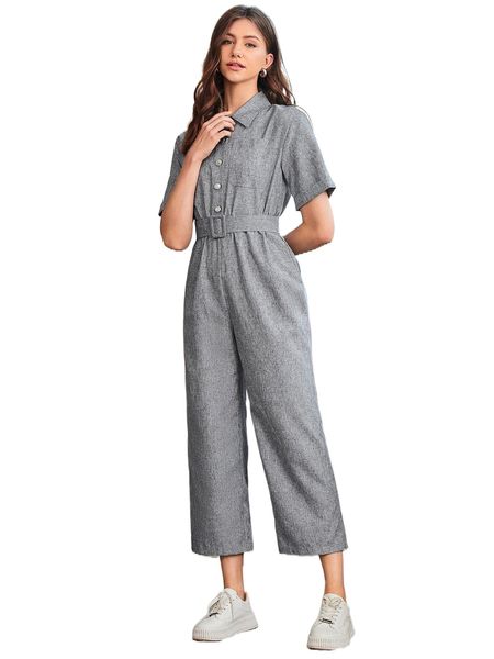 

patched pocket button front buckled belted shirt jumpsuit n2e1#, Black;white