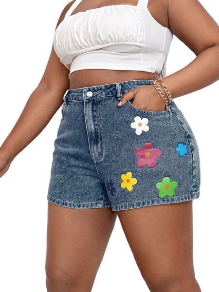 

sxy plus high waist floral print denim shorts s5k2#, White;black
