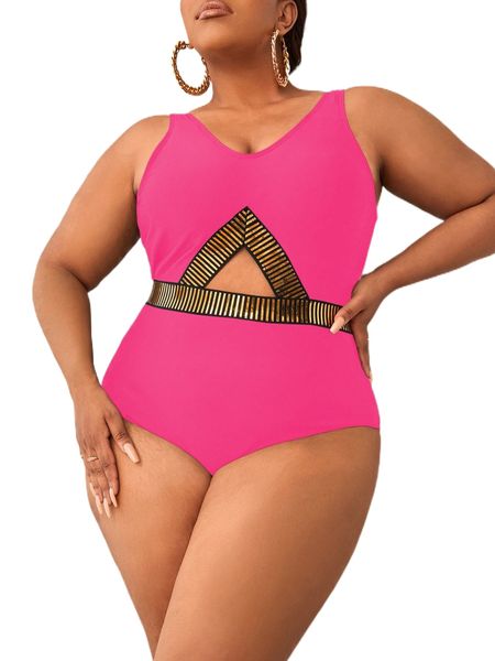 

plus metallic panel cut out one piece swimsuit u6pg#, White;black