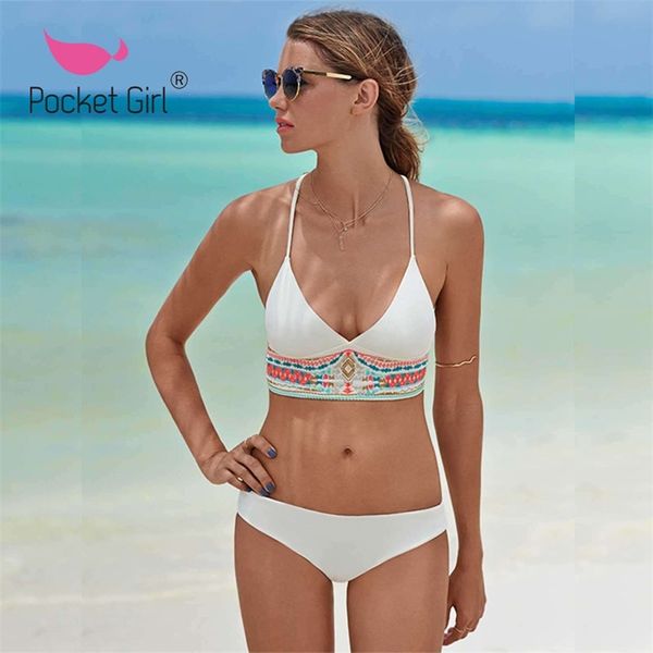 Pocket Girl 2020 Bikins Mulheres novas roupas de banho pretas cortadas com estampa branca Ternos de banho Swim Halter Bikini Conjunto Plus Size Biquini XXL T200708