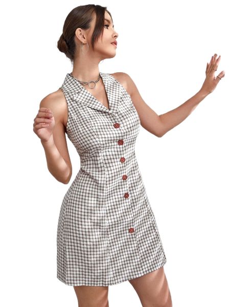 

plaid print button front dress f7zl#, Black;gray