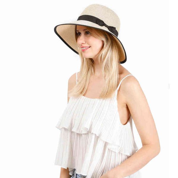 Cappello da donna annodato in paglia da sole estivo pieghevole da esterno pieghevole floscio cappelli da spiaggia da donna UV UPF50 berretti femminili moda traspirante G220301