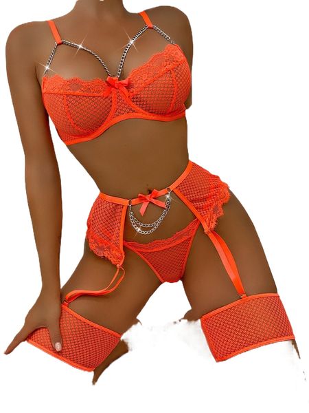 

floral lace chain linked underwire garter lingerie set with 1pair leg ring w8sz#, Black;red
