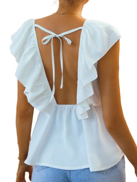 

ruffle trim knot backless blouse f2st#, White