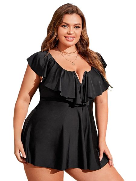 

plus v wired ruffle trim high waist bikini swimsuit o5tp#, White;black