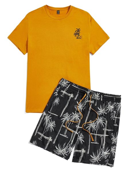 

men tropical print tee & drawstring waist shorts 882h#, Gray