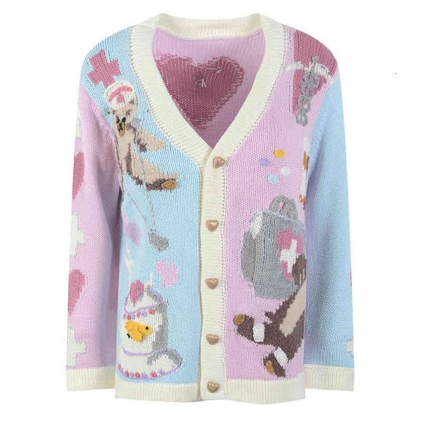

women's knits tees v-neck cartoon animal embroidery loose knit cardigan jacket autumn winter sweet cute sweater woman lkhx, White