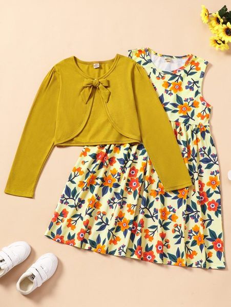 

girls tie front & floral print dress she, White