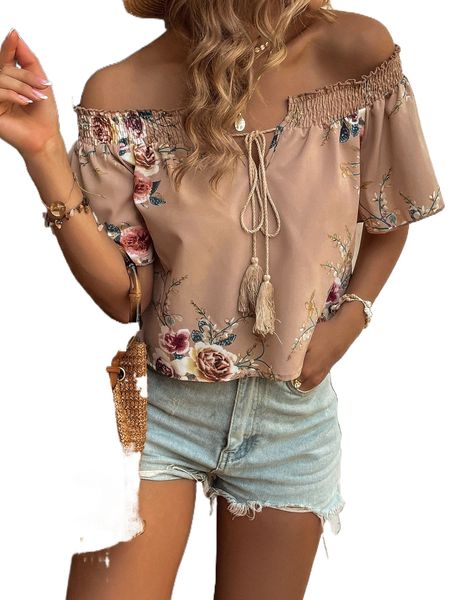 

floral print shirred off shoulder tie front blouse v6vx#, White