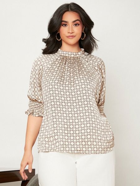 

plus allover print mock neck shirred cuff flounce sleeve blouse r8kr#, Black