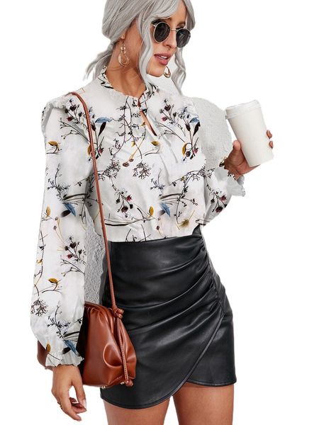 

floral print tie neck blouse s5am#, White