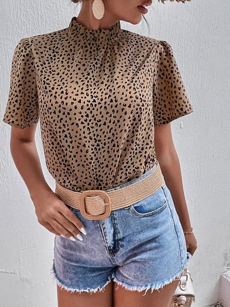 

allover print ruffle neck puff sleeve blouse 50d2#, White