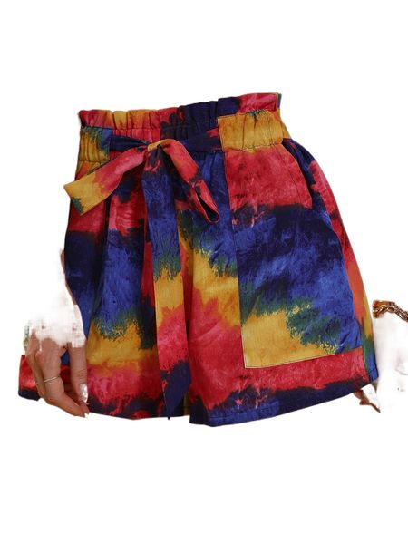 

tie dye paperbag waist tie front wide leg shorts z5gu#, White;black