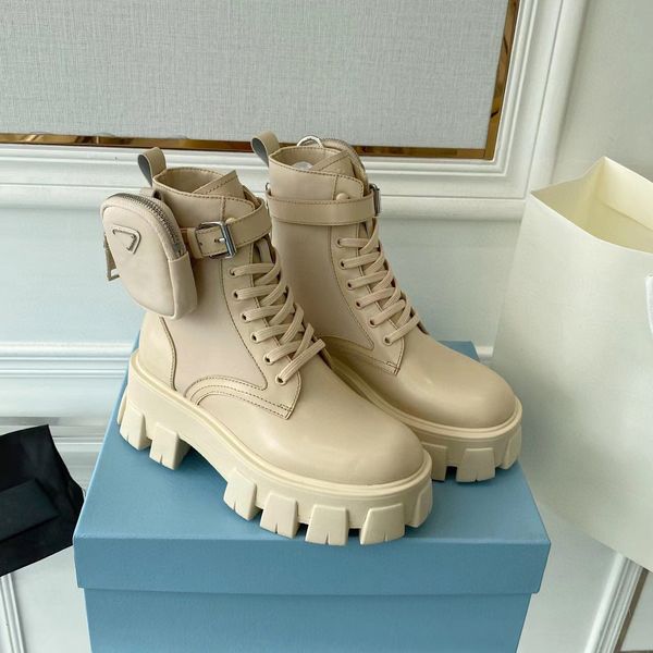 

latest nude apricot calf leather nylon pouch ankle combat boots platform wedges lace-up round toe block heels flat booties chunky luxury des, Black