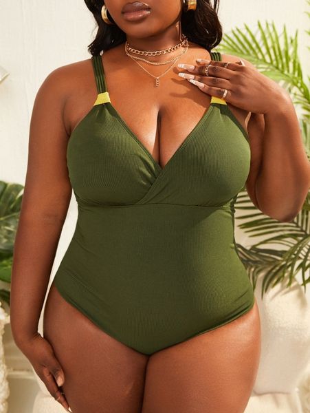 

plus solid rib one piece swimsuit 26ah#, White;black