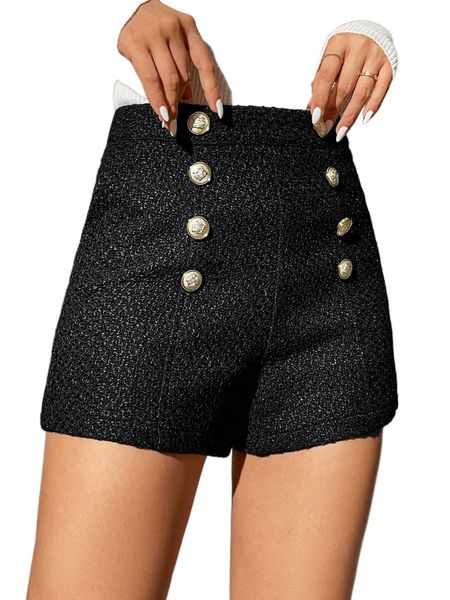 

petite high waist fake button tweed shorts q7kx#, White;black