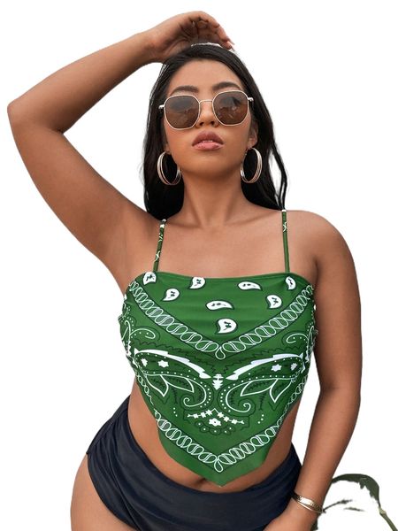 

plus paisley print hanky hem bikini t39d#, Black