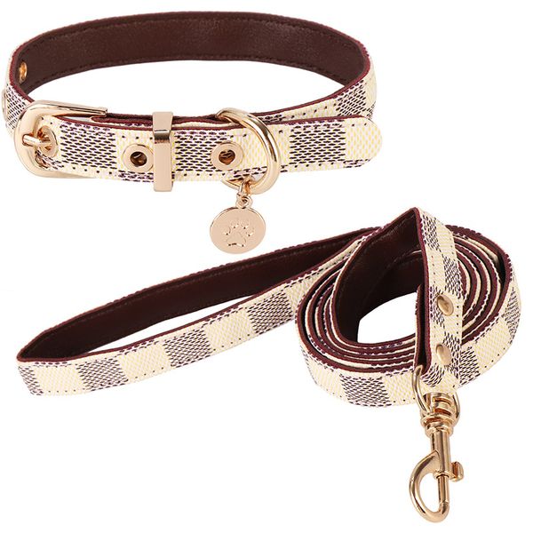 

designer leather dog collar and leash set adjustable basic collars check pattern durable dog harness with metal buckle suitable for small me