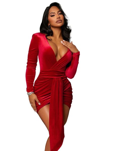 

sxy surplice neck wrap strap draped ruched velvet bodycon dress n0pu#, Black;gray