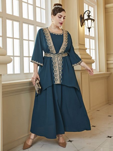 

plus floral embroidered belted 2 in 1 dress x6zs#, Black