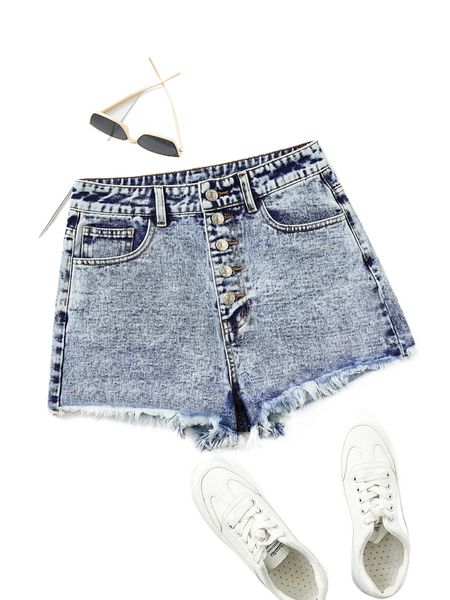 

button fly raw cut denim shorts l1bk#, White;black