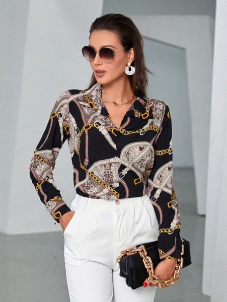 

chain & snakeskin print blouse p9xa#, White