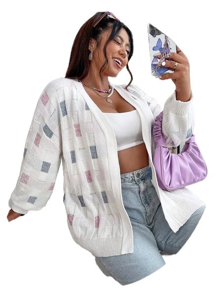 

plus color block drop shoulder cardigan 25xh#, Black